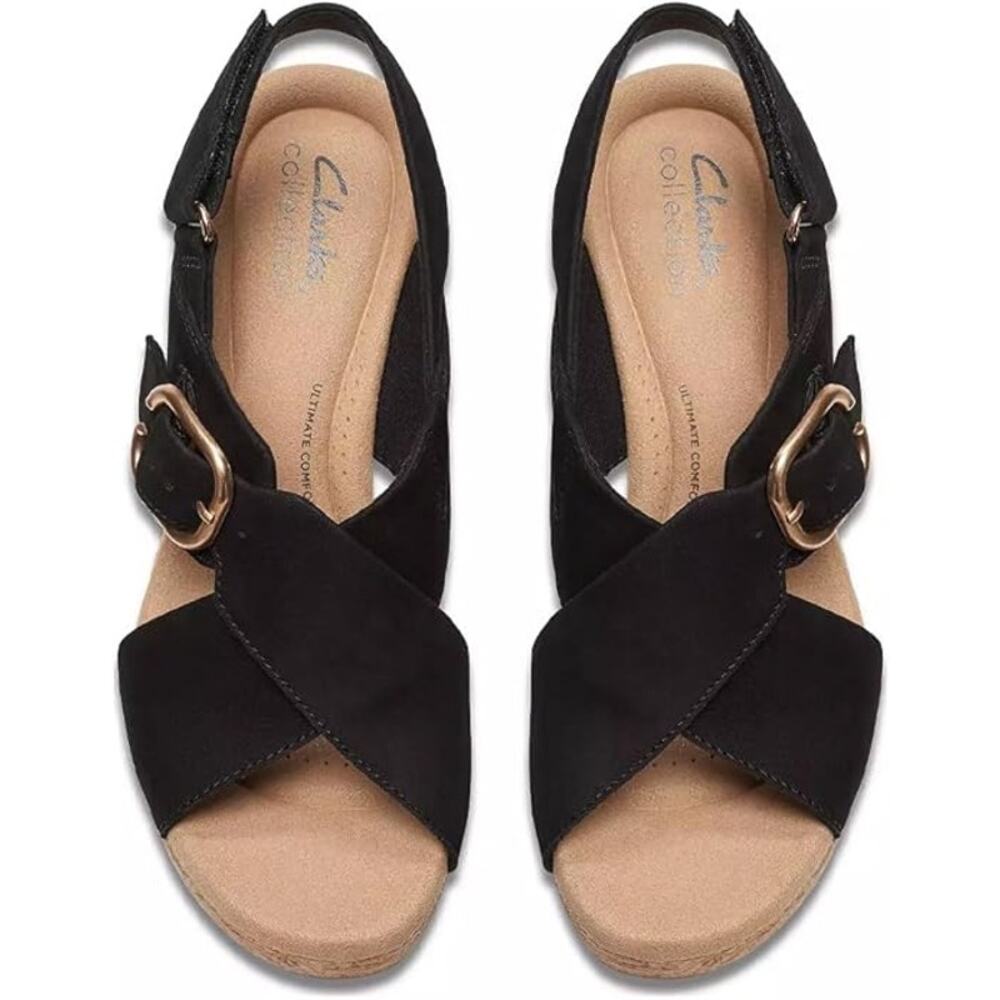 Clarks Collection Women's Giselle Dove Wedge Sandals Black  nubuck Size 7